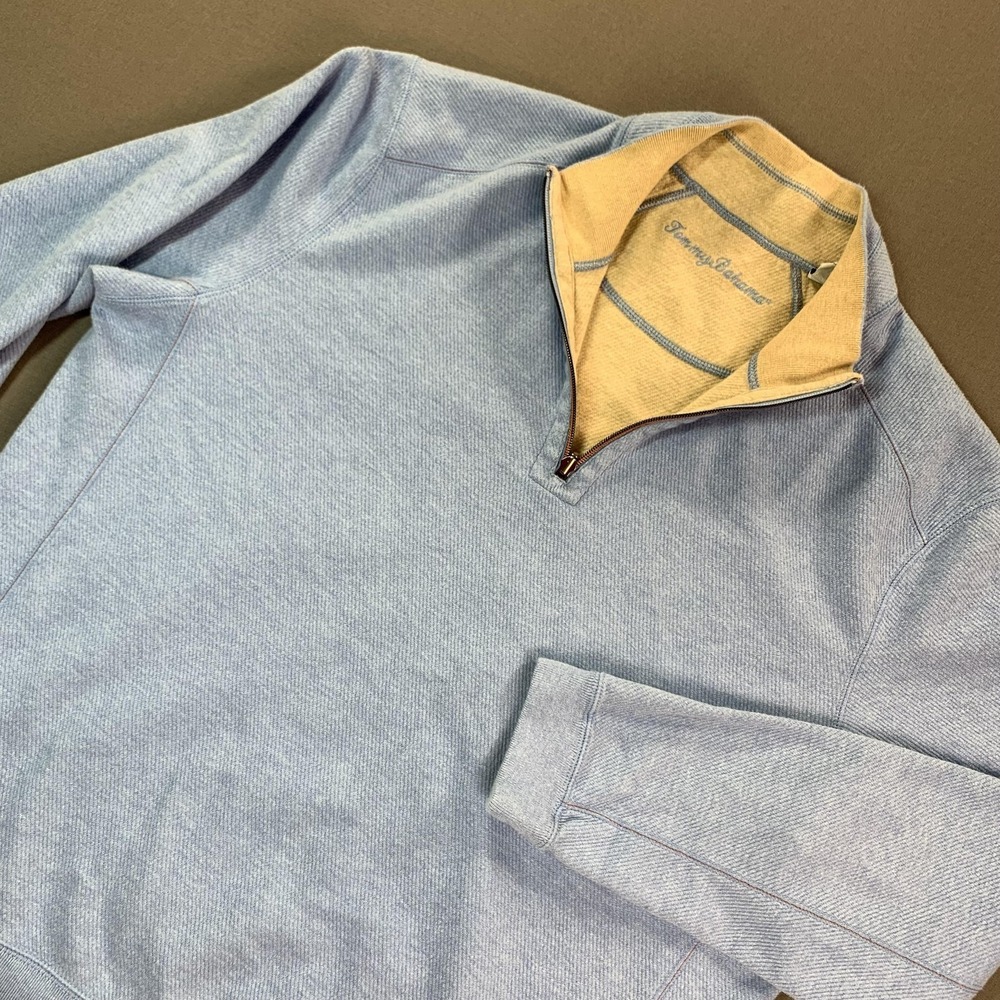 Tommy Bahama Sweater Men XL Blue & Beige 1/4 Zip Mock Neck Reversible Knit EUC